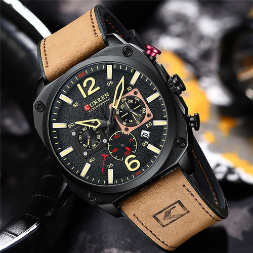 CURREN/Carren New Model 8398 Men's Fashion Waterproof Leather Strap Watch with 6-Hole Calendar Quartz