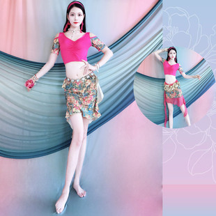 Belly Dance Practice Clothing Set New Rose Red Off-Shoulder Top Printed Ribbon Ruffle Skirt Group Practice Clothing