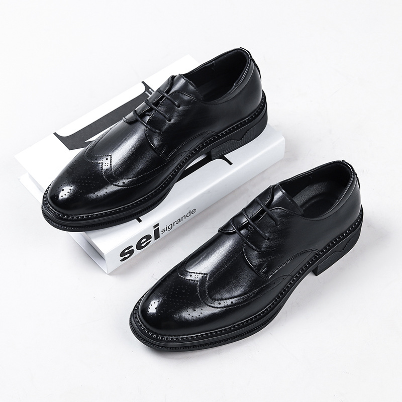 New spring leather shoes Men Brock lace-up pointed casual wedding shoes business dress shoes_voghion.com