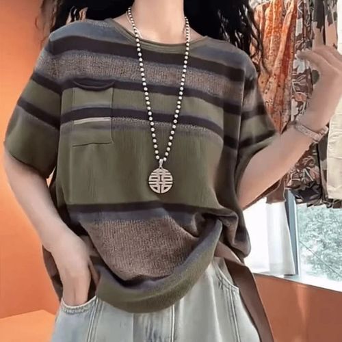 Spring and Summer Retro Striped Crew Neck Knit Top for Women Loose and Slimming Versatile Short-Sleeve T-Shirt Base Top