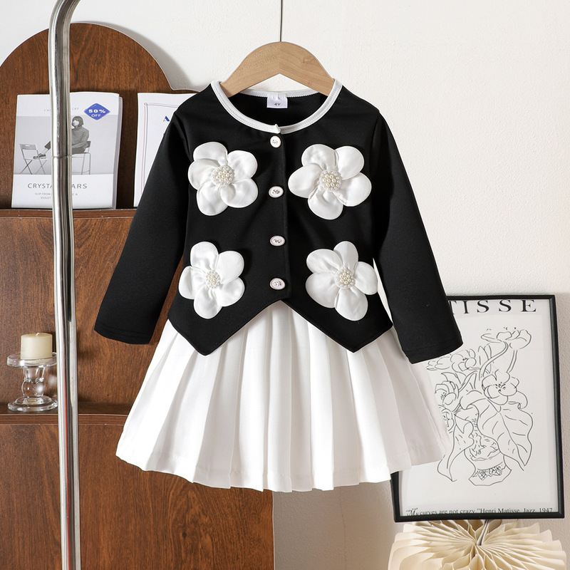 Kids clothing 跨境外贸秋冬新款小童花朵黑色长袖上衣+白色短裙|undefined