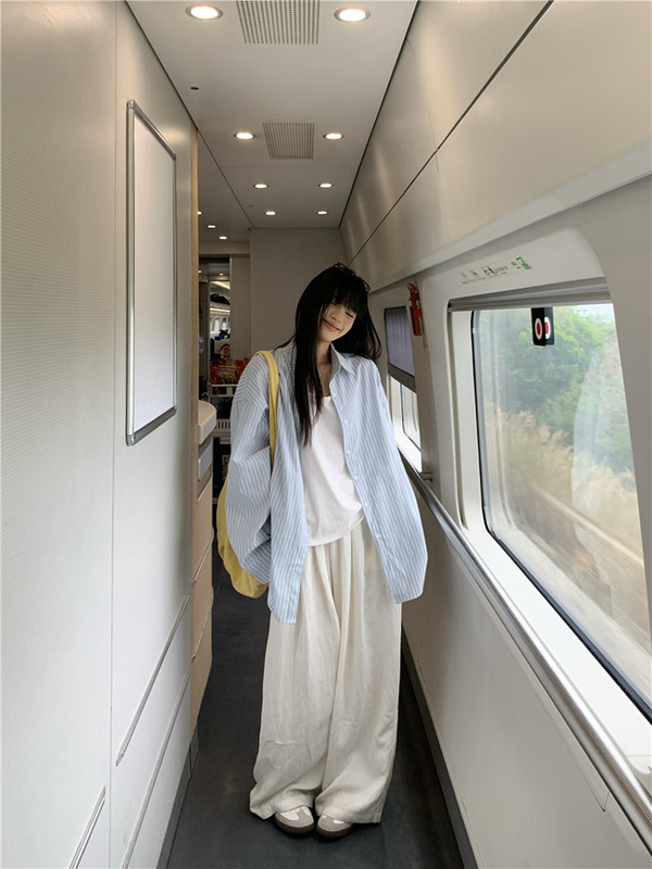 韩系松弛感廓形宽松奶蓝色条纹长袖衬衫外套上衣女春夏秋防晒衬衣|undefined