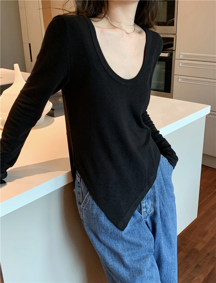 帮手描述图：不规则白色修身长袖T恤女2021春秋新款设计感紧