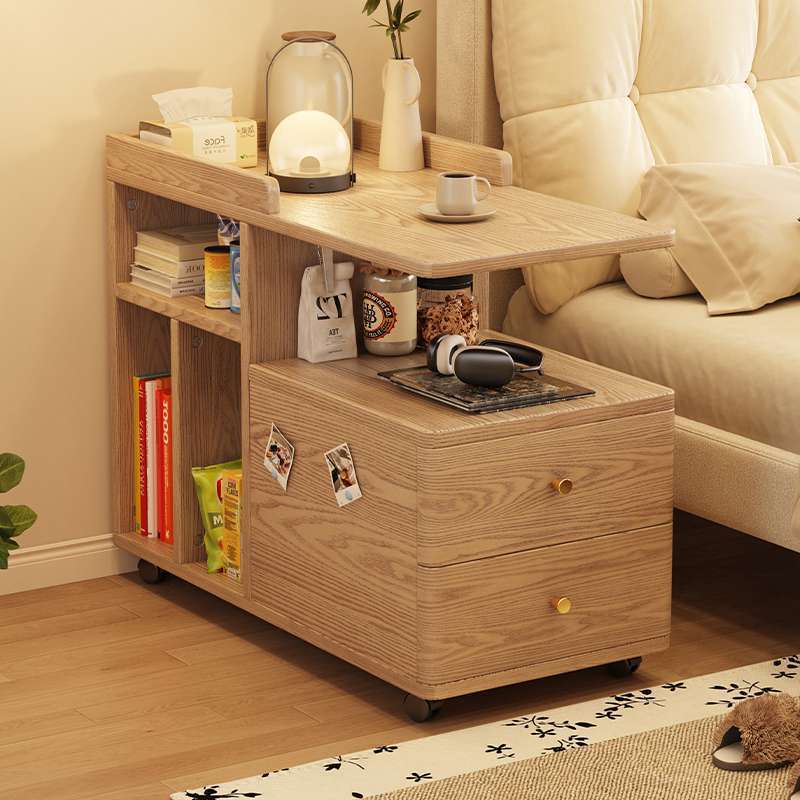 Mesa de té de lujo ligera con ruedas, estante de almacenamiento al lado de la cama, carro de madera sólida, tabla lateral móvil, sofá, gabinete lateral