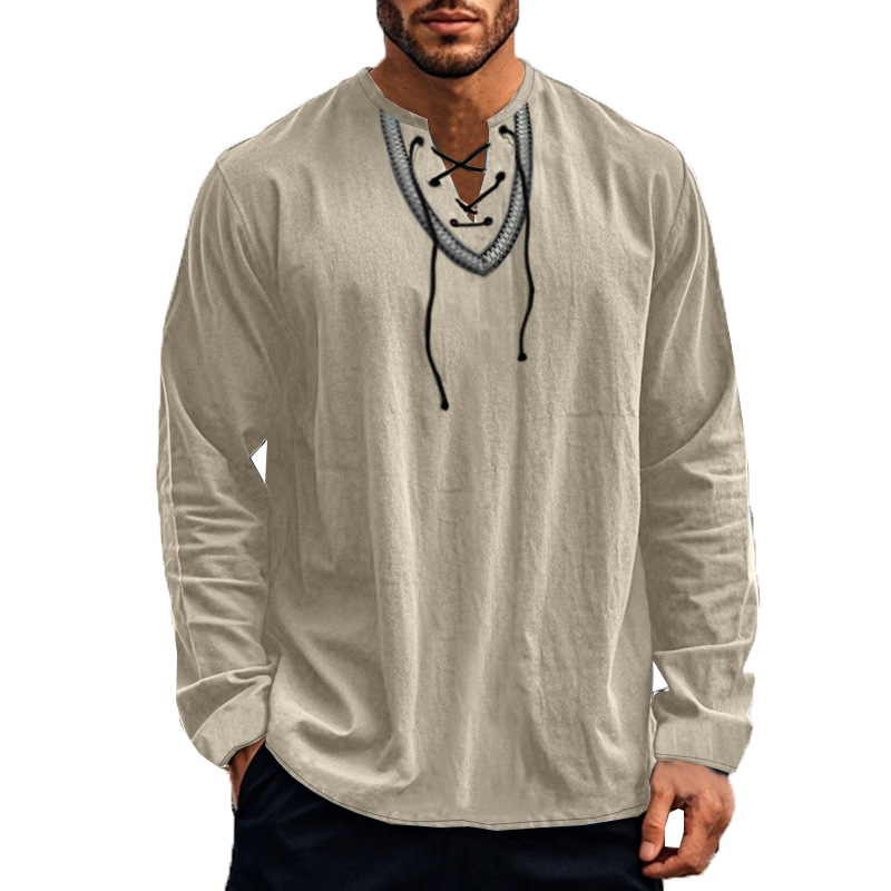 2025 Spring & Fall Cross-Border New European and American Men's Loose Pure Color Drawstring Long-Sleeved Shirt Cotton and Linen Stand-Up Collar Men's Shirt