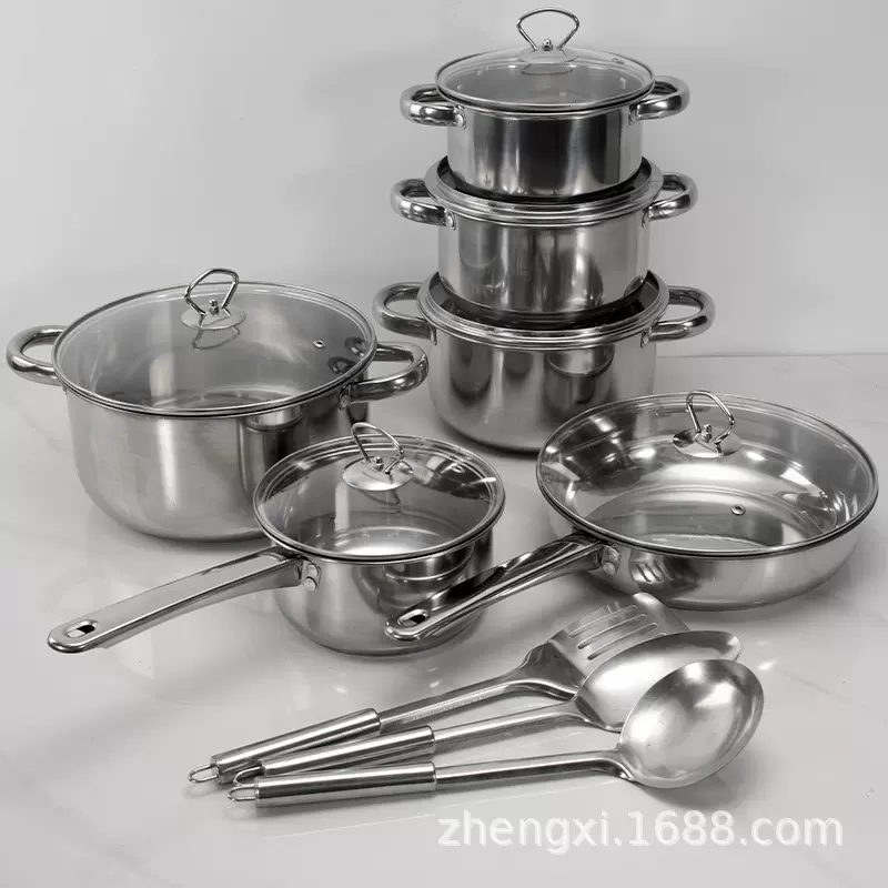 热销锅具套装 礼品厨房锅具多件套外贸15件套跨境餐具锅pot玻璃盖