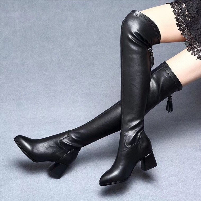 New fall/winter back zipper thigh-high boot layer cowhide pointed heels boot_voghion.com