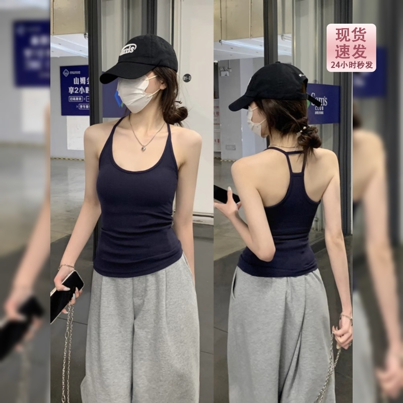 New Navy Blue Spicy Girl Racerback Camisole with Chest Pads, Women's Inner Wear, Beautiful Back, Backless Miu-Style Outerwear Top