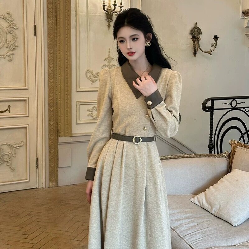 Women's autumn and winter dress, stylish and elegant, with a cinched waist, French retro style, and long sleeves
