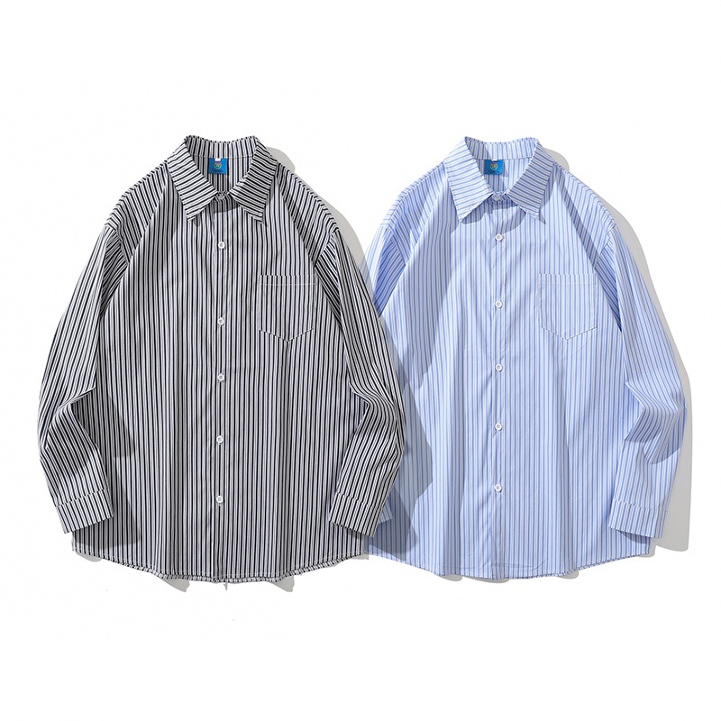 一件代发秋季工装复古日系蓝白条纹衬衫男女长袖外套衬衣ins情侣
