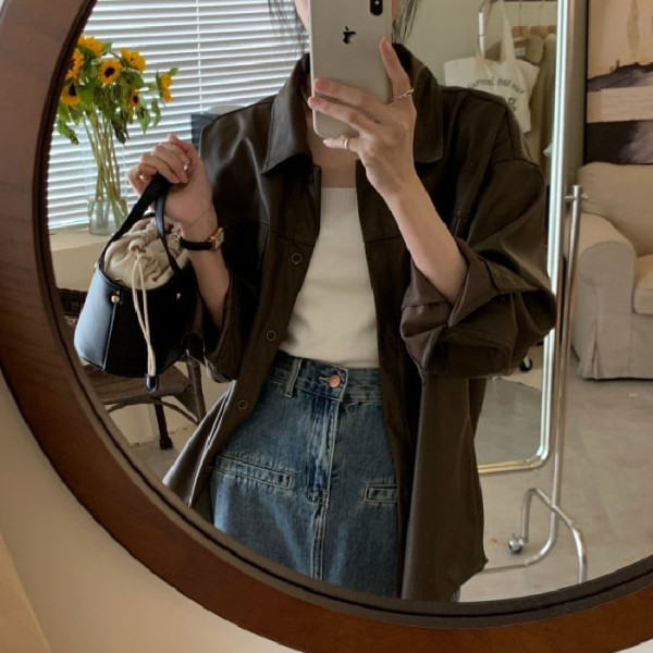 Fashion Motorcycle Jacket Mid-Length Leather Coat for Women, New Spring and Autumn Large Size Loose High-End Autumn Shirt