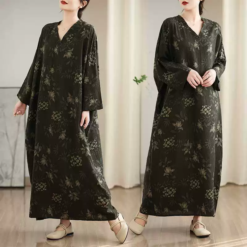 Spring dress, Korean style, plus size, V-neckline, cotton and linen