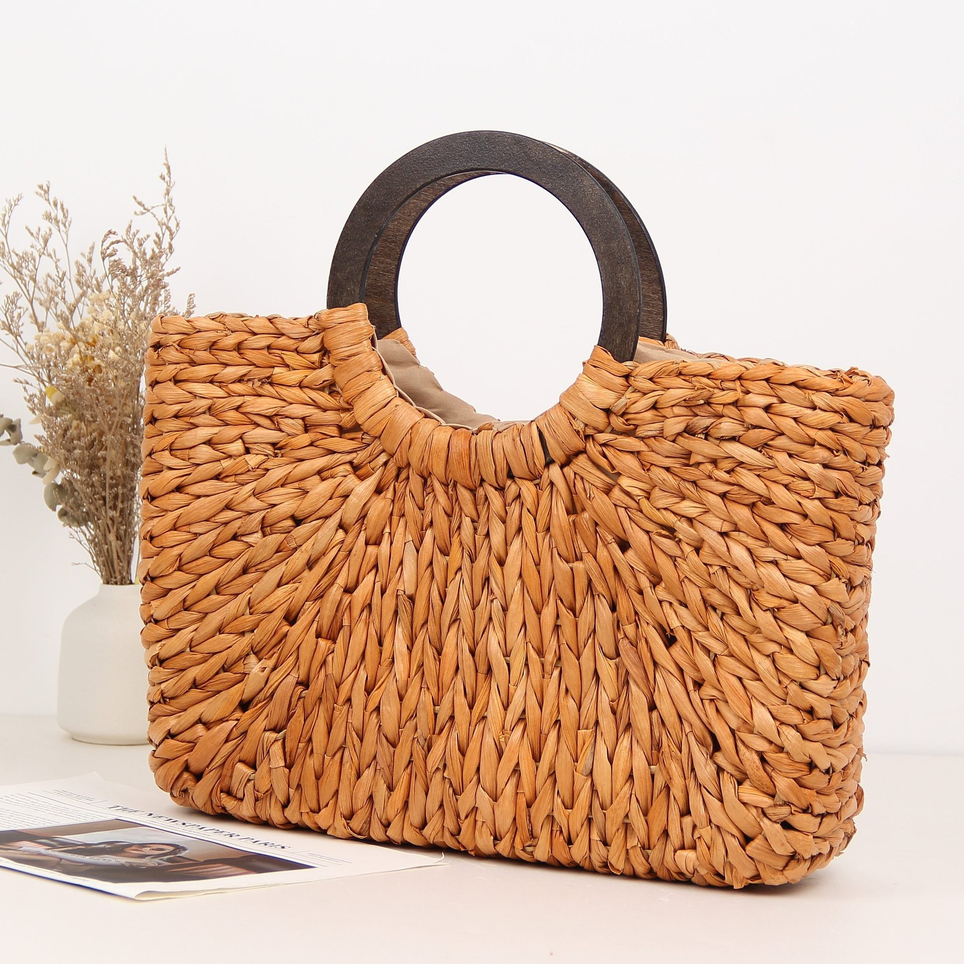 Straw Material Solid Color Pattern Women's Small Straw Solid Color Vacation Classic Style Straw Square Open Handbag