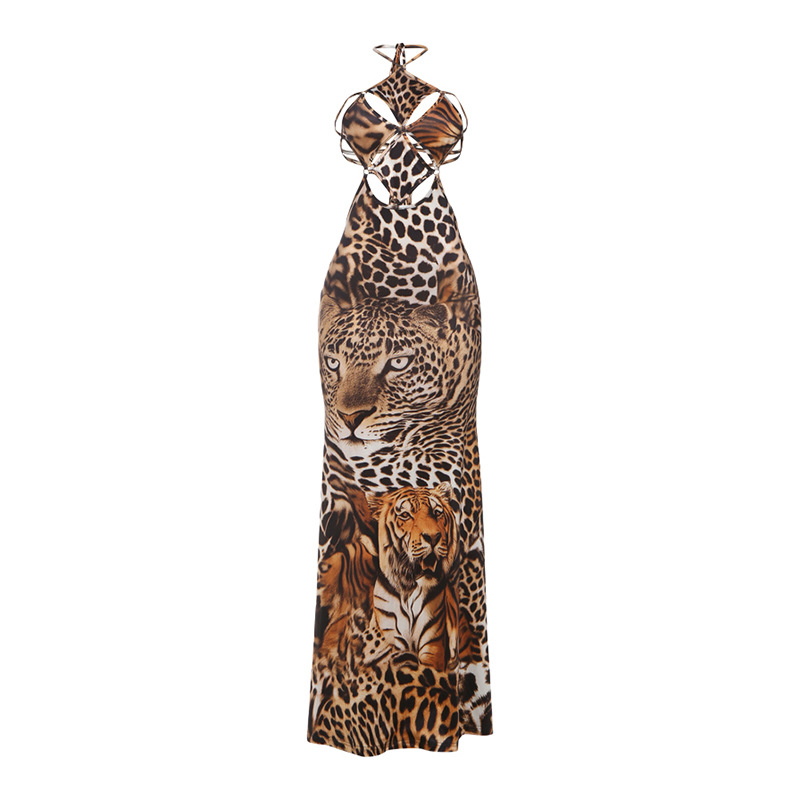 Fashionable Tiger Print Bodycon Dress Lace Up Open Back Split Hem Perfect for Autumn and Winter Events Wholesale