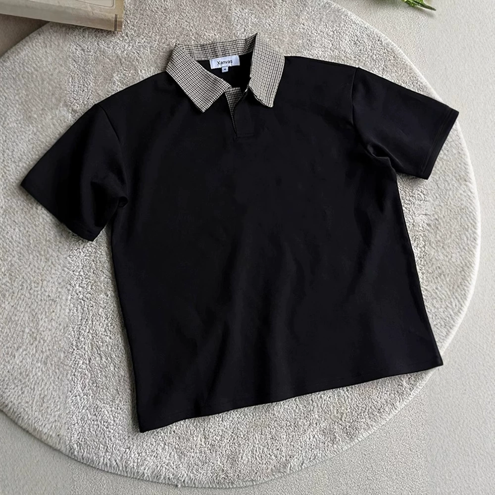 Houndstooth spliced ​​polo shirt short-sleeved men's American old money style shoulder T-shirt cleanfit lapel half sleeve