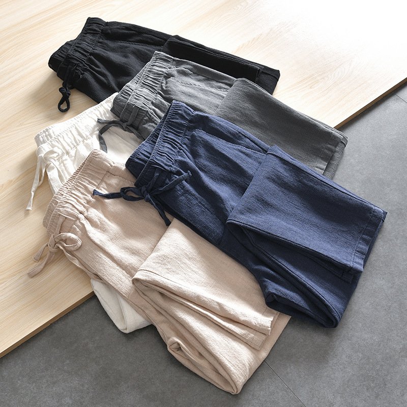 Tejido de tecnología DuPont! ¡Ramio natural! Comercio exterior verano transpirable algodón lino cintura elástica pantalones casuales rectos hombres