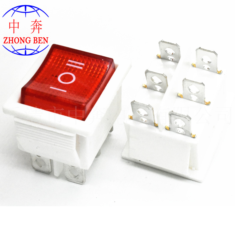 KCD4 白色底座 红色带灯翘板开关 6脚3档船型开关 白色电源开关