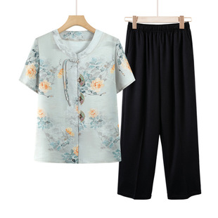 Middle-aged and Elderly Women's Granny Summer Clothes Casual Two-piece Elderly Mother Clothes Top Old Lady Short-sleeved