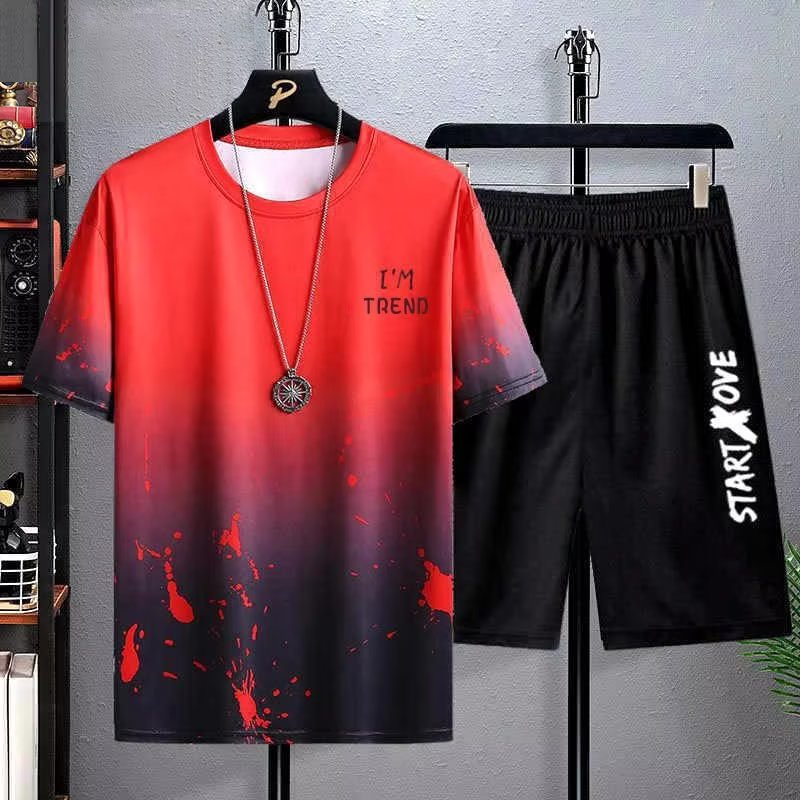 Traje de camiseta de manga corta de seda de hielo para hombres más tamaño adolescentes 2023 nuevo conjunto de verano de ropa casual a juego guapo T