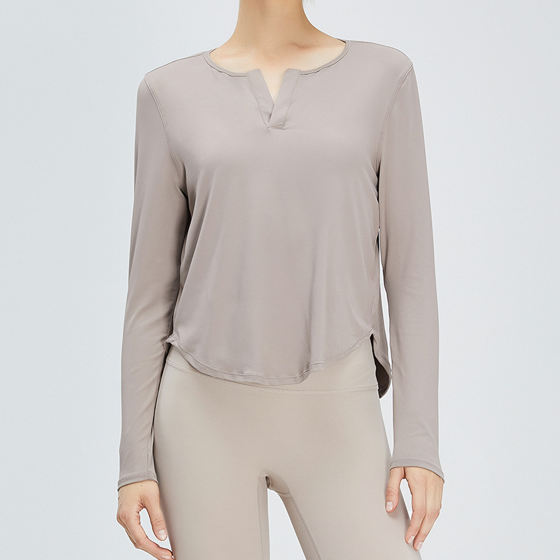 Camiseta de manga larga transpirable curvada de mujer de secado rápido fitness ropa de yoga