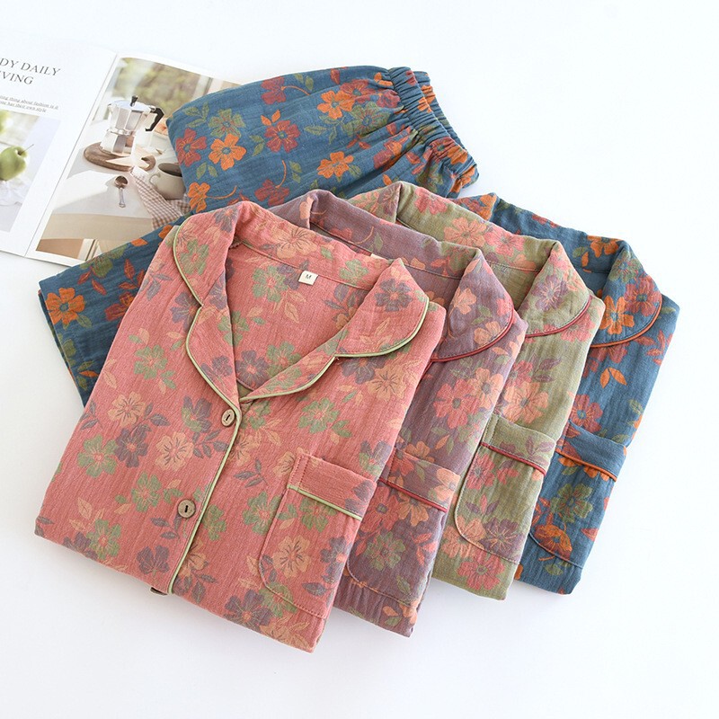 Spring and Summer Cotton Double-Layer Gauze Pajamas for Women Long-Sleeved Trousers Cardigan Yarn-Dyed Retro Jacquard Three-Dimensional Embroidery Super Spring and Summer Cotton Double-Layer Gauze Pajamas for Women Long-Sleeved Trousers Cardigan Yarn-Dyed Retro Jacquard Three-Dimensional Embroidery Super