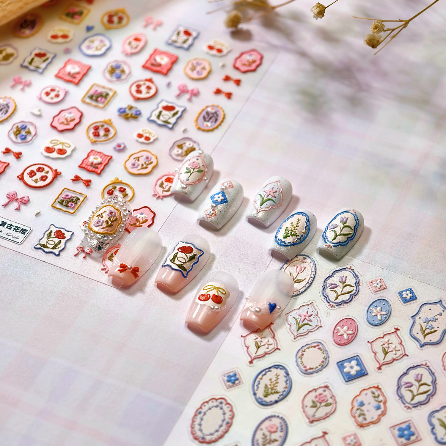 铁素复古清新相框蝴蝶结TS4078田园花卉樱桃背胶甲贴3d儿童可用