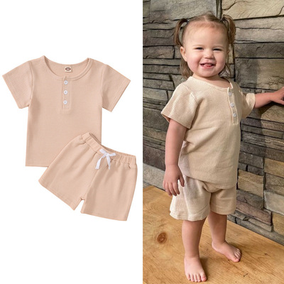 女童夏季短袖华夫格套装 ins夏季新款儿童两件套装 外贸居家童装|ms