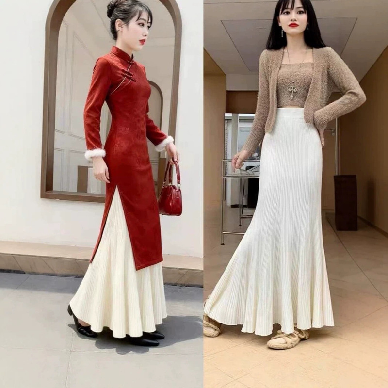 Paired with a cheongsam, a slip skirt that hugs the hips, a slim-fit knitted fishtail long skirt, layered with a high-waisted thick A-line skirt Paired with a cheongsam, a slip skirt that hugs the hips, a slim-fit knitted fishtail long skirt, layered with a high-waisted thick A-line skirt