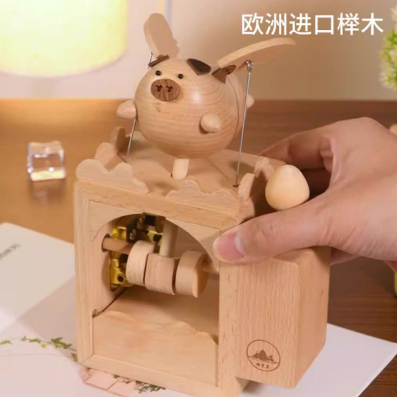 無垢材機械式フライングブタオルゴールかわいい城なだめる音楽子供部屋の装飾装飾品おもちゃ 1 歳のギフト|undefined