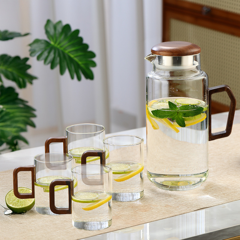 Botella de agua fría de vidrio, taza de agua, olla fría de madera de vidrio para el hogar, olla de té retro resistente al calor, taza de té, juego de agua image 12
