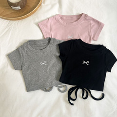 女童T恤2024夏季新款韓版蝴蝶結露背刺繡短袖可愛百搭休閒款洋氣
