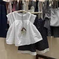 Sen Children's Girl Kit Set 2025 Новый летний ребенок Сладкий кружевной край сплошной цвет кукольный рубашка волновой штаны