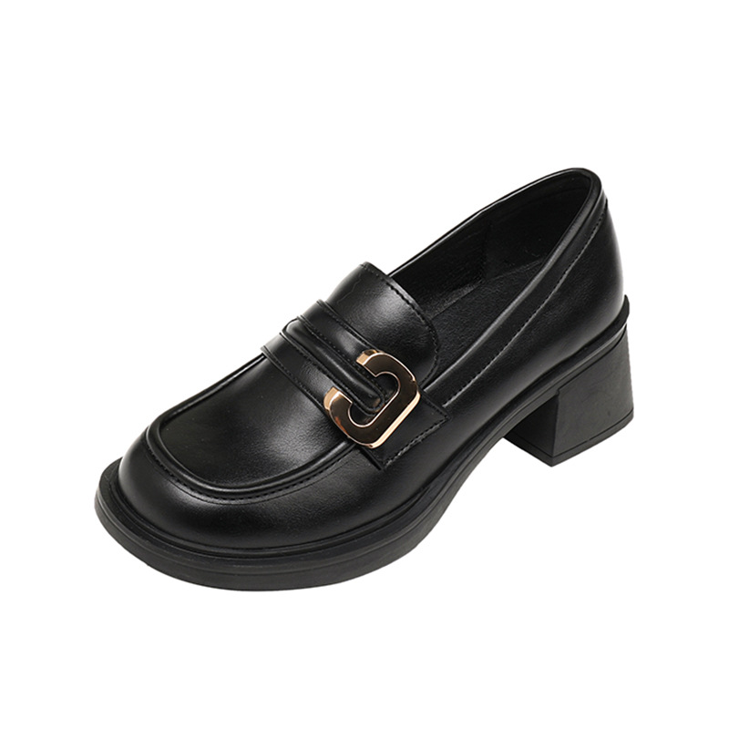 2024 Spring and Autumn New Thick Sole Thick Heel Retro Small Leather Shoes High Heel Lefu Shoes Single Shoes Women's Large Size Shoes 41-43