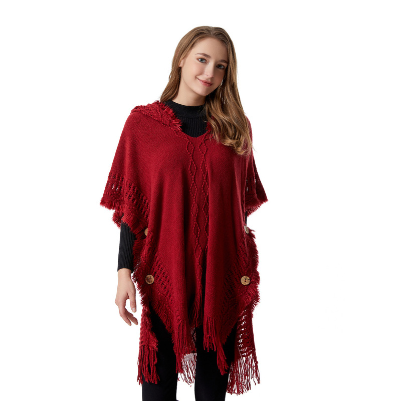 2026 Foreign Trade Shawl Hot-Selling Models in Stock, European and American Style, Spring, Autumn, and Winter Large-Size Knitted Cardigan with Buttons and Hooded Cape Shawl 2026 Foreign Trade Shawl Hot-Selling Models in Stock, European and American Style, Spring, Autumn, and Winter Large-Size Knitted Cardigan with Buttons and Hooded Cape Shawl