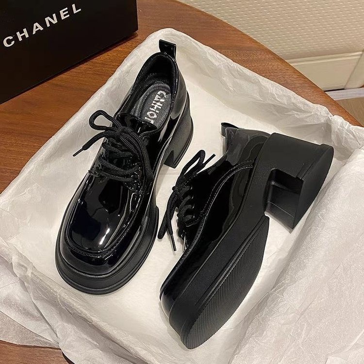 2025新款黑色粗跟乐福鞋圆头系带玛丽珍女鞋法式英伦风复古小皮鞋