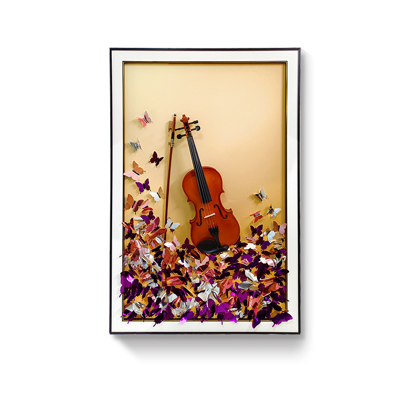 Pintura colgante de violín Hecho a mano Mariposa tridimensional Entrada de cuero Pasillo Pasillo Pintura decorativa Mural atmosférico de alta gama