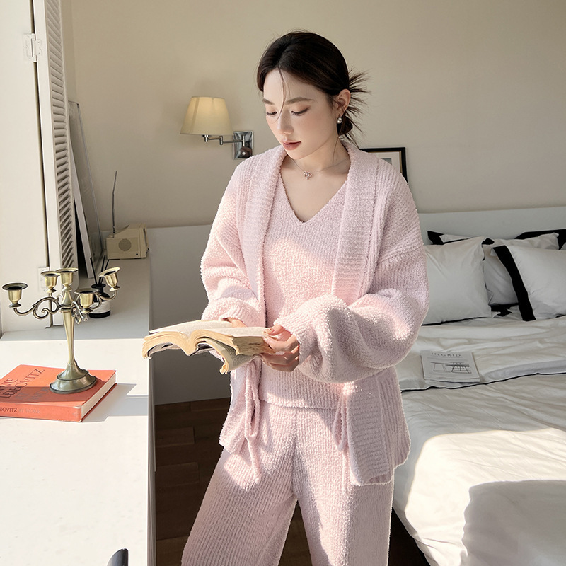 睡衣女秋冬条纹三件套软绵绵绑带背心针织可外穿气质名媛家居服|undefined