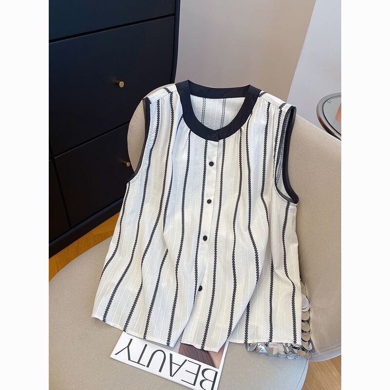 High-End Striped Thin Sleeveless Shirt for Women, 2026 Summer New Style, Loose Fit, Color-Blocking, Petite Tank Top