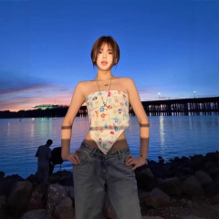 彩色夏日满印小糖果抹胸背心女夏外穿内搭海边度假风辣妹方巾上衣