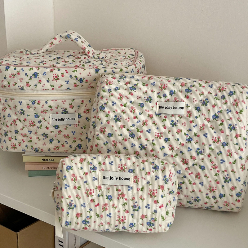 Corduroy Pastoral Floral Octagonal Bag Cosmetic Bag Fresh and Sweet Toiletries Bag Portable Quilted Soft Storage Bag