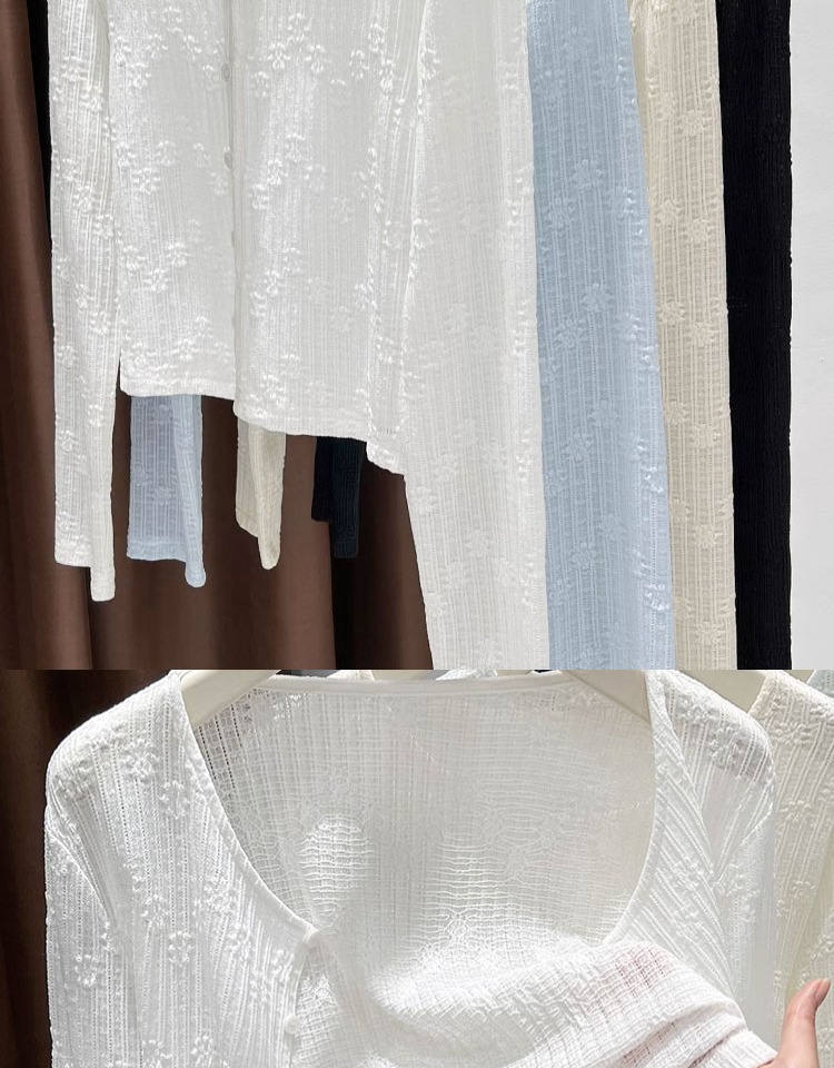 Bộ áo cardigan dệt kim lụa kết hợp váy hai dây ren chống nắng nữ — Màu xanh lam nhạt chi tiết 6
