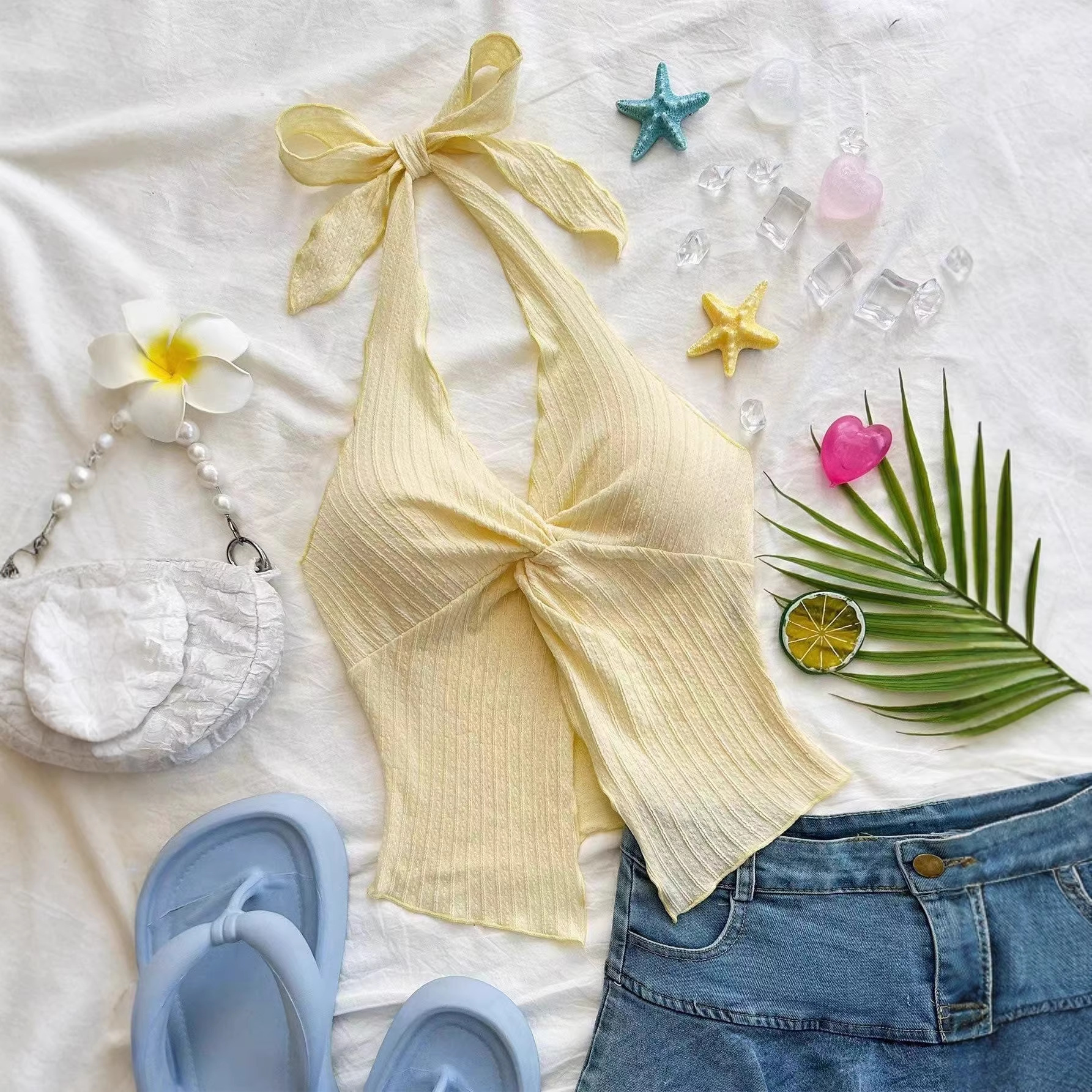 2025欧美跨境新款挂脖辣妹风气质优雅森系纯欲蝴蝶结挂脖小背心女