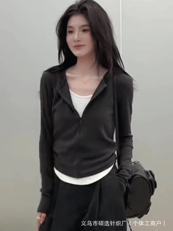 春秋新款纯色假两件显瘦气质长袖设计感t恤上衣百搭掐腰打底衫女|undefined