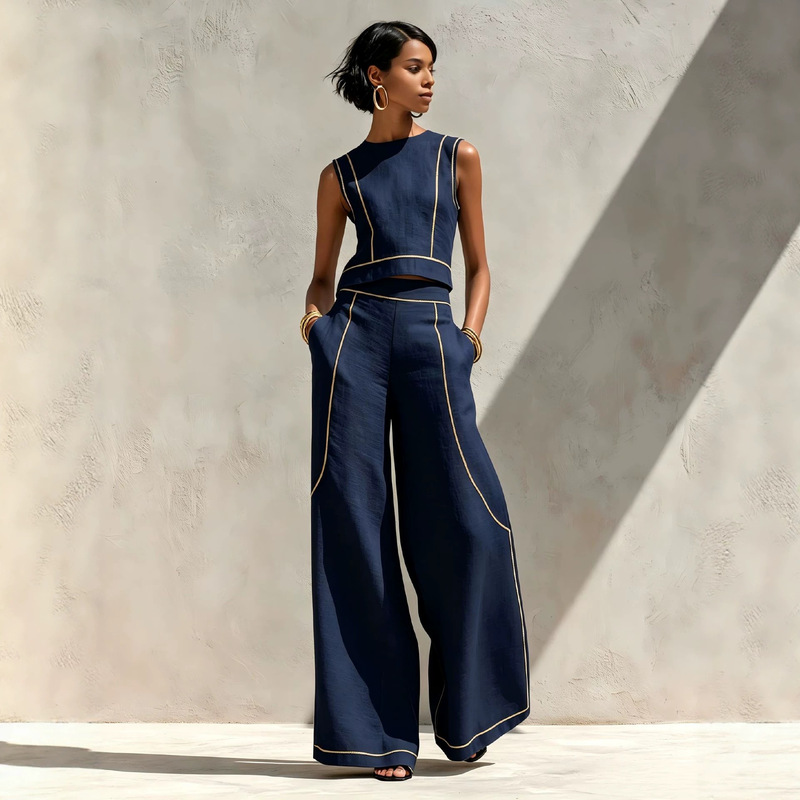 2026 New European and American Style Sleeveless Color-Block Wide-Leg Pants Set for Women, Summer Casual Fashion Two-Piece Set, Trendy Cross-Border Style