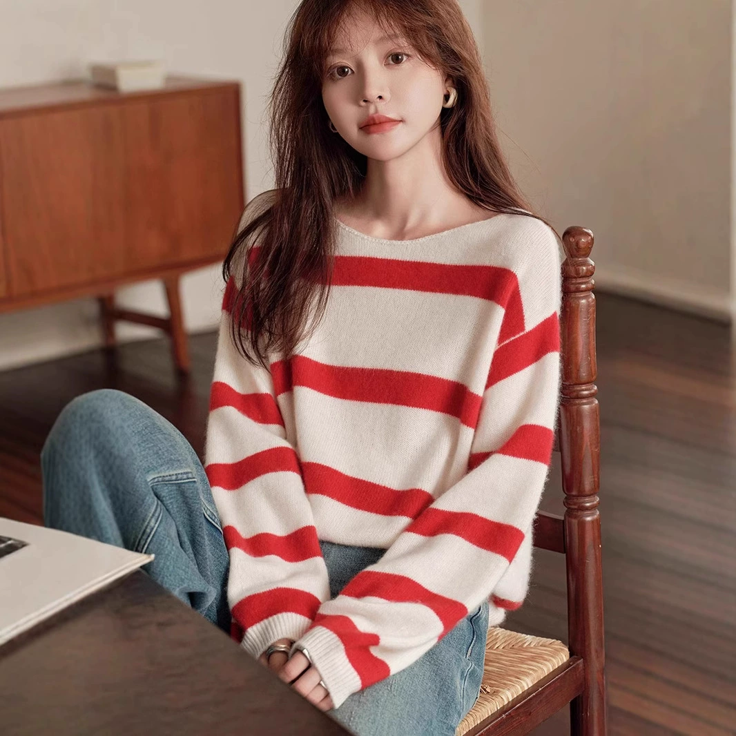 Женский свитер из 100% чистого кашемира в стиле Эрду Лиу Вэнь, новая коллекция осень-зима 2025 года, красно-белый полосатый, повседневный.