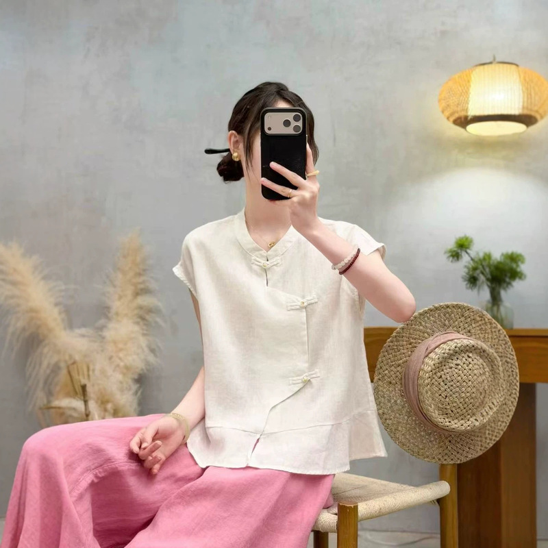 2026 Summer New Chinese Style Linen Blouse with Glass Buttons, Front-to-Front Stitching, Stand Collar, Plate Buttons, Fashionable Women's Shirt