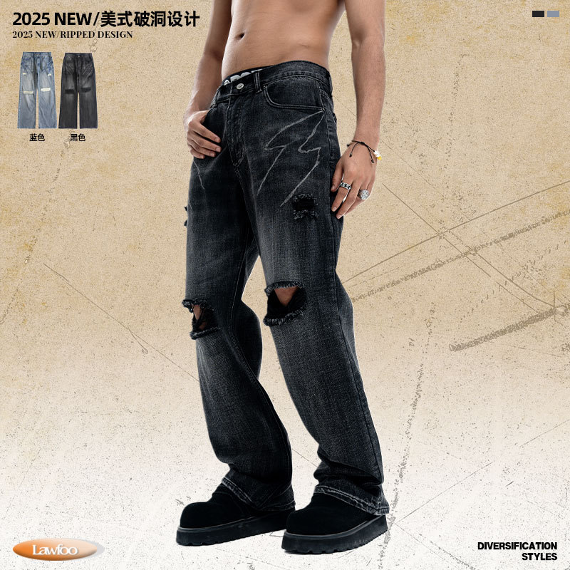 Lawfoo American Retro Ripped Jeans for Men and Women, Washed and Distressed, Loose Wide-Leg Straight-Leg Trendy High Street Pants
