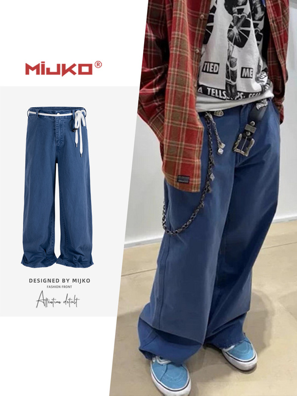 MIJKO メンズ レディース カラーリング オールド ワイドレッグ バギー ワークパンツ ベルト付き ゆったり ユニセックス ブルー カジュアル パンツ|undefined