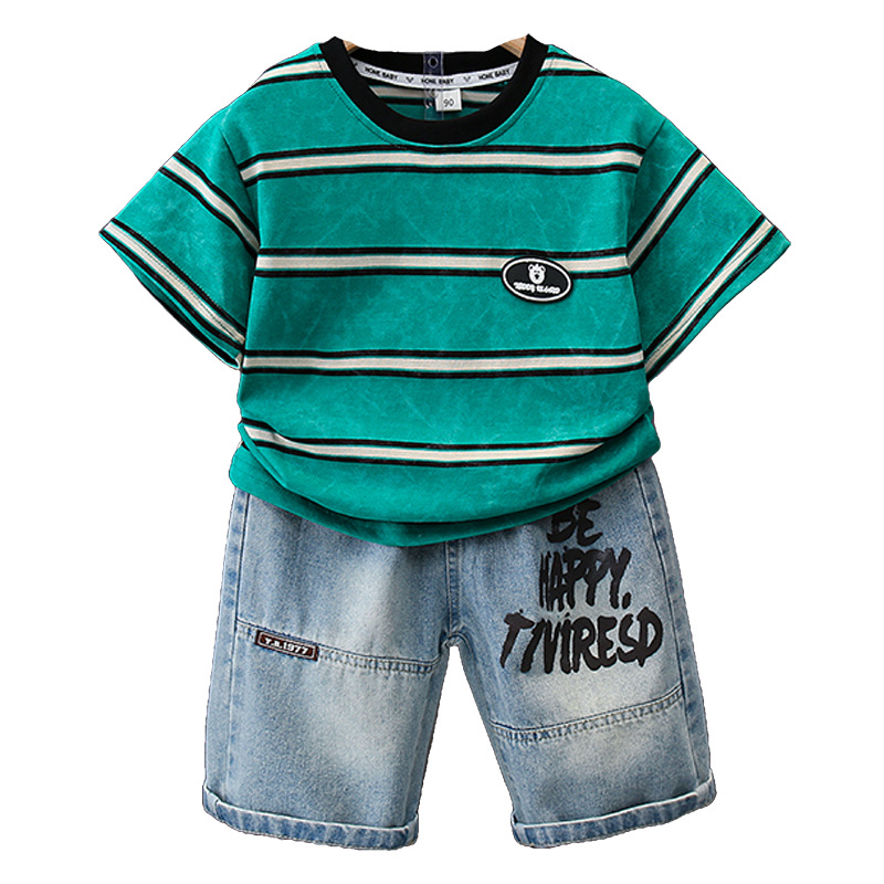 7170 Traje de manga corta para niños 2025 nuevos pantalones cortos de mezclilla de moda de verano para bebés de dos piezas para niños