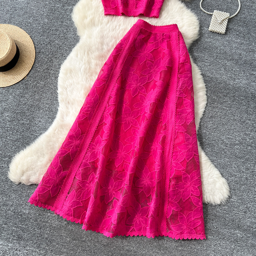 French Style Lace Openwork Two Piece Vest And Skirt Set Elegant_voghion.com
